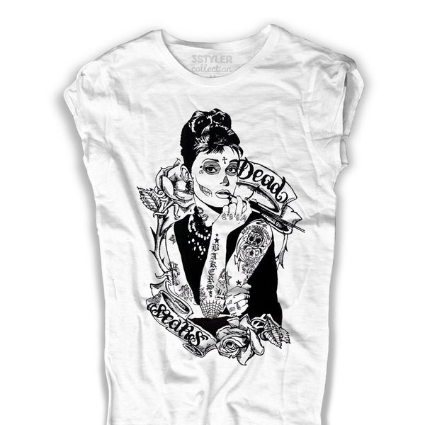 Weißes T-Shirt Mann und Frau Audrey Hepburn tätowiert - geflammte Baumwolle (slub)