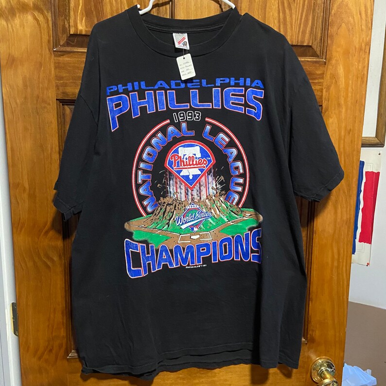 Rare Vintage Jerzees Mens XXL Black Philadelphia Phillies 1993 National League Champions Locker Room Teeshirt