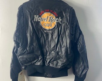 New With Tags Vintage Mens Small Black Hard Rock Cafe Maui Leather Bomber Jacket