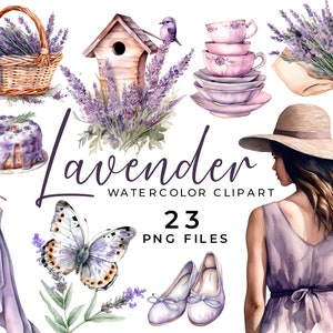 Lavendel Aquarell Clipart, 23 transparente Lavendelbilder, Sommer, Tee, Kommode, Korb, Vogelhaus, sofort download, kommerzielle Nutzung