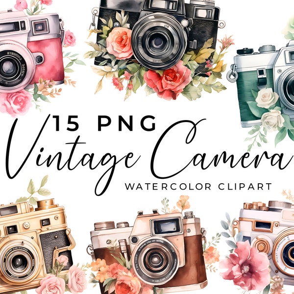 Vintage Camera Watercolor Clipart, 15 Floral Vintage Cameras Png, Old school film camera, transparent, roses, gold, rainbow, commercial use