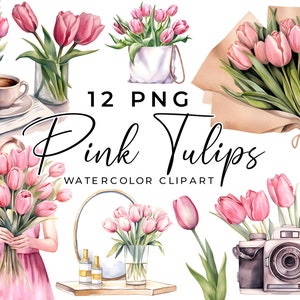 Pink Tulip aquarel clipart, 12 roze girly tulp PNG, camera, vaas, boeket, roze tulpen esthetisch, transparant, commercieel gebruik