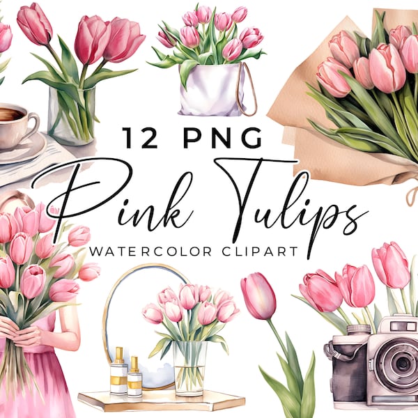 Pink Tulip Watercolor Clipart, 12 Pink girly tulip Png, camera, vase, bouquet, pink tulips aesthetic, transparent, commercial use