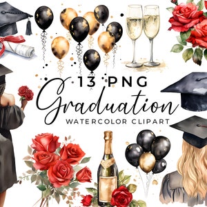Clipart dell'acquerello di laurea, 13 Png laureato, cappello di laurea, rose rosse, palloncini, celebrare la festa, trasparente, uso commerciale
