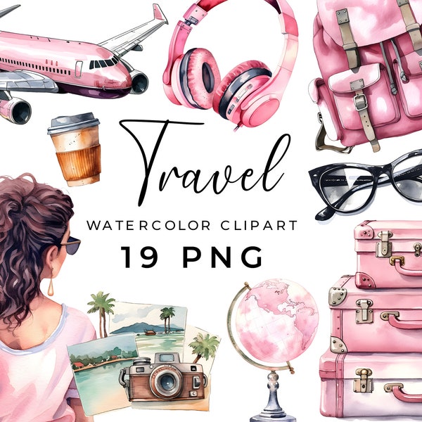 Travel Watercolor Clipart, 19 Pink girly Travel Png, suitcase, luggage, backpack, airplane, sunglasses, globe, transparent, commercial use