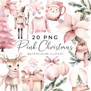 Pink Christmas Acuarela Clipart, 20 Blush Winter Png, poinsettia, adorno, cascanueces, árbol, país de las maravillas, transparente, uso comercial
