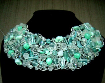 Unique Turquoise  Necklace, Crystal Statement Wedding Necklace, Bridal Bib Fashion Handmade Necklace.