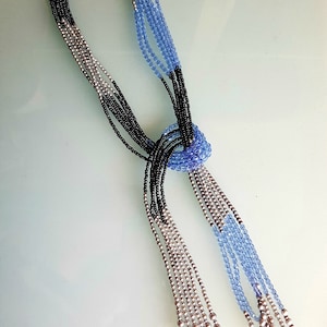 Blue Long Lariat Necklace, Flapper Gotsby with Tassels Glass and Steel Cut Beads Necklace, Handmade Statement Bead Charm Necklace.