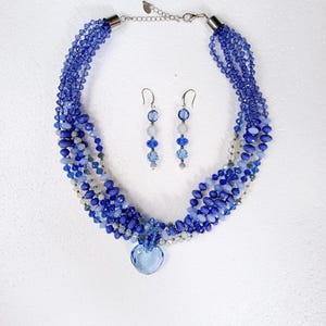Blue Color Multiple strands Necklace and Earrings Set. Necklace with Heart Crystal Pendant. Handmade Bridal Statement Fashion Necklace Set.