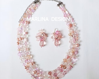 Wedding Pink Beaded Necklace & Earrings Set – Handmade Romantic Jewellery, Blush Pearl and Crystal Statement Necklace, Gift for Her.