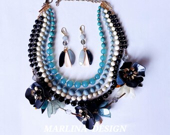 Statement Beaded Necklace Set with Earrings, Multi Strand Necklace. Floral Statement Jewelery. Chunky Necklace. Handmade Fashion Jewellery.