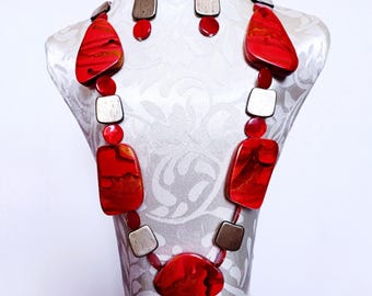 Bold Statement Necklace Set, Polymer Clay Jewellery. Gold & Red Polymer Clay necklace, Handmade Artisan Gift for Her. Unique Boho Jewellery