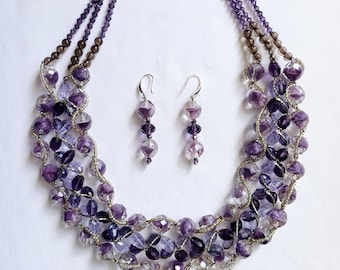 Purple necklace and earrings set. One-Of-A-Kind Unique Necklace. Chunky statement necklace. Crystal Sparkling necklace. Bold Bead necklace.