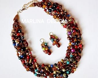 Designer Multycolor  Twisted Necklace, Fashion Knit Necklace, Beaded Choker Necklace, Colorful Statement Trendy Bib Necklace