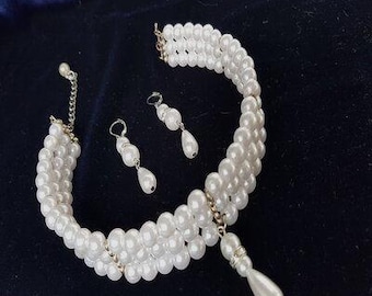 Conjunto de collar de perlas de color nupcial, gargantilla de perlas para boda, collar de novia de perlas decorado con colgante de lágrima de perlas de diamantes de imitación.