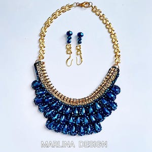 Royal Blue Crystal Statement Beaded Necklace Set, Luxurious Gold Chain Bib Necklace. Elegant Evening Jewelry, Bridal Necklace, Gift for Her