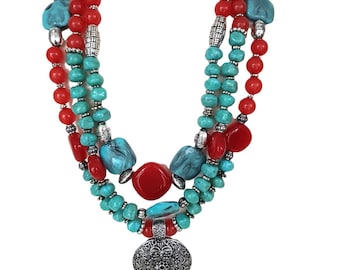 Coral Turquoise Color Chunky Handmade Necklace, Gemstone Designer Stylish Necklace with Silver Medalion. Modern Statement Fashion Necklace.