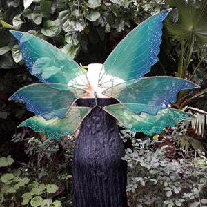 Peut inclure: Une paire d'ailes de fée vertes et bleues avec une finition scintillante. Les ailes sont faites de tissu transparent et sont attachées à une robe noire.