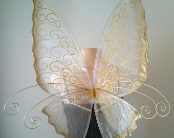 Curly Fairy Wings, White Organza Gold Glitter, Adult Costume Wings