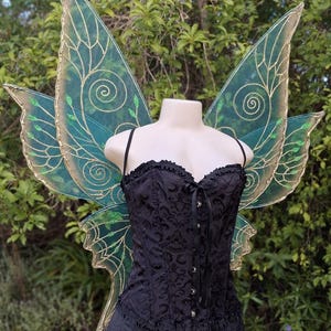 Large Forest Woodland Fairy Wings for Adults in Dark Green and Gold Organza Fabric, Leafy wings for Cosplay, Halloween and Ren Faire