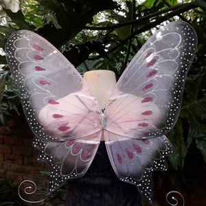 May include: Pink butterfly fairy wings with silver glitter and pink accents. The wings are attached to a wire frame and have a delicate, ethereal look.