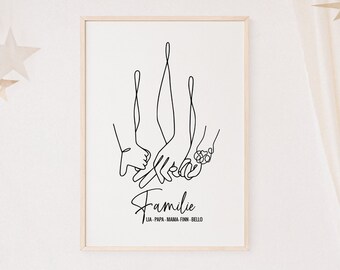 Familienportrait "Hände", Familien Poster mit Hund Familienposter, Geschenk Geburt, Poster personalisiert,Line Art Hände