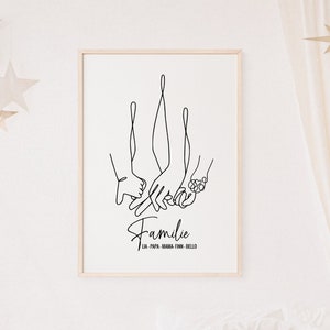 Familienportrait &quot;Hände&quot;, Familien Poster mit Hund Familienposter, Geschenk Geburt, Poster personalisiert,Line Art Hände