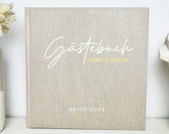 Gästebuch Hochzeit personalisiertmit Namen Leinen Einband, Personalisiertes Geschenk Hochzeit, dunkel beige