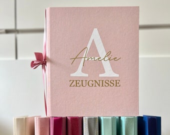 Personalisierte Zeugnismappe aus Leinen mit Namen personalisiert, Zeugnisordner Monogramm Name, Einschulung Geschenk, Schulkind 1. Klasse