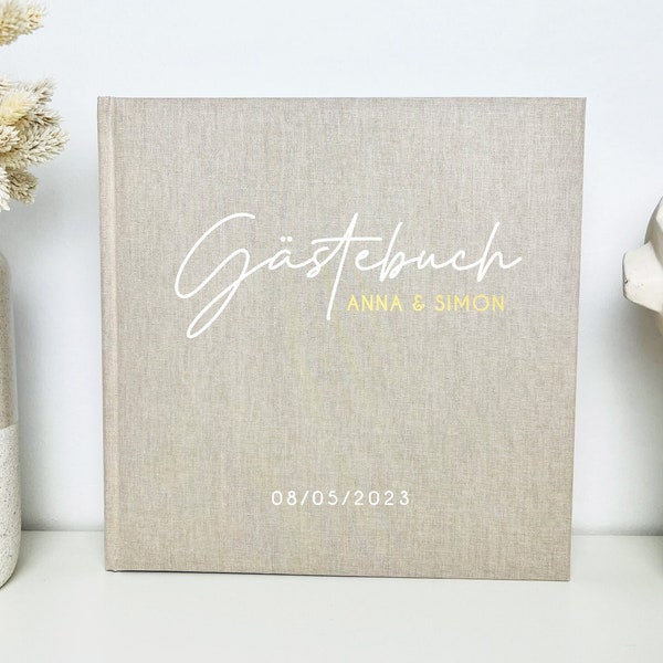 Gästebuch Hochzeit personalisiertmit Namen Leinen Einband, Personalisiertes Geschenk Hochzeit, dunkel beige