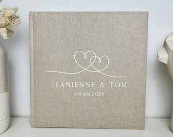 Gästebuch Herzen Hochzeit personalisiertmit Namen Leinen Einband, Personalisiertes Geschenk Hochzeit, dunkel beige