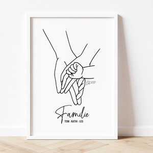 Familienportrait &quot;Hände&quot;, Familien Poster mit Hund Familienposter, Geschenk Geburt, Poster personalisiert,Line Art Hände