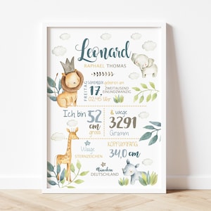 GEBURTSTAFEL "Safari" Löwe| Geburtsdaten Poster | Geburtsposter | Geburtsanzeige | Geburtsbild | personalisiertes Geschenk Geburt
