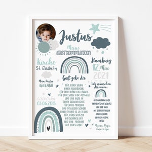 Erstkommunion Poster, Meilensteintafel ' Regenbogen' Mint / Rosa, Kommunion Junge, Kommunion Mädchen, Geschenk Erstkommunion personalisiert