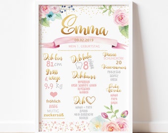 Meilensteintafel 1. Geburtstag 'Blumen' rosa gold, Chalkboard, Geburtstagsposter, Personalisiertes Geschenk 1. Geburtstag, personalisiert