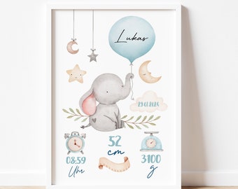 GEBURTSTAFEL "Ballon" Rosa & Blau Elefant Fuchs Hase,  Geburtsdaten Poster, Geburtsposte, Geburtsbild, personalisiertes Geschenk