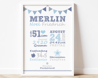 GEBURTSTAFEL "Merlin" Blau| Geburtsdaten Poster | Geburtsposter | Geburtsanzeige | Geburtsbild | personalisiert | Geschenk zur Geburt