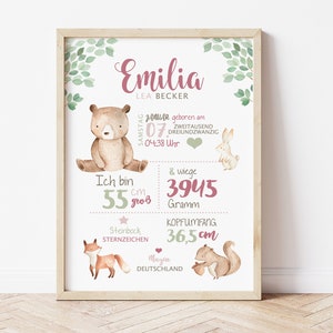 GEBURTSTAFEL "Waldfreunde" Natur | Geburtsdaten Poster | Geburtsposter | Geburtsanzeige | Geburtsbild | personalisiertes Geschenk Geburt
