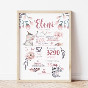 GEBURTSPOSTER "Elefant Boho" | Geburtsdaten Poster | Geburtsposter | Geburtsanzeige | Geburtsbild | personalisiertes Geschenk