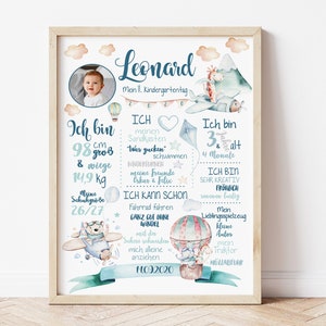 Kindergarten Meilensteintafel mit Foto, "Flieger Freunde", personalisiert, Poster, Kindergartenkind Geschenk, Kita, Flugzeug, Berge