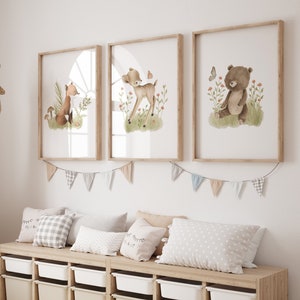Wandbild 3er Poster-Set "Waldbabys", Poster Kinderzimmer, Poster Wald Waldtiere Reh, Bär und Fuchs, Wandbilder