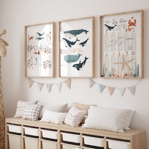 Wandbild 3er Poster-Set "Unterwasser" Zahlen, Wale & 1x1 Poster, Meer Wal Zahlen-Poster, Wandbilder fürs Kinderzimmer