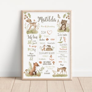 Meilensteintafel 1. Geburtstag, "Waldbabys" , Geburtstagsposter, Geschenk erster Geburtstag, personalisiert, Meilensteinposter Waldtiere