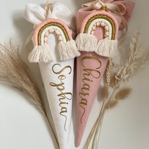 Kleine Schultüte mit Regenbogen Anhänger, Geschwistertüte, Kitatüte, Zuckertüte, 100 % Leinen, Schulkind, Kitakind, Kindergarten Geschenk