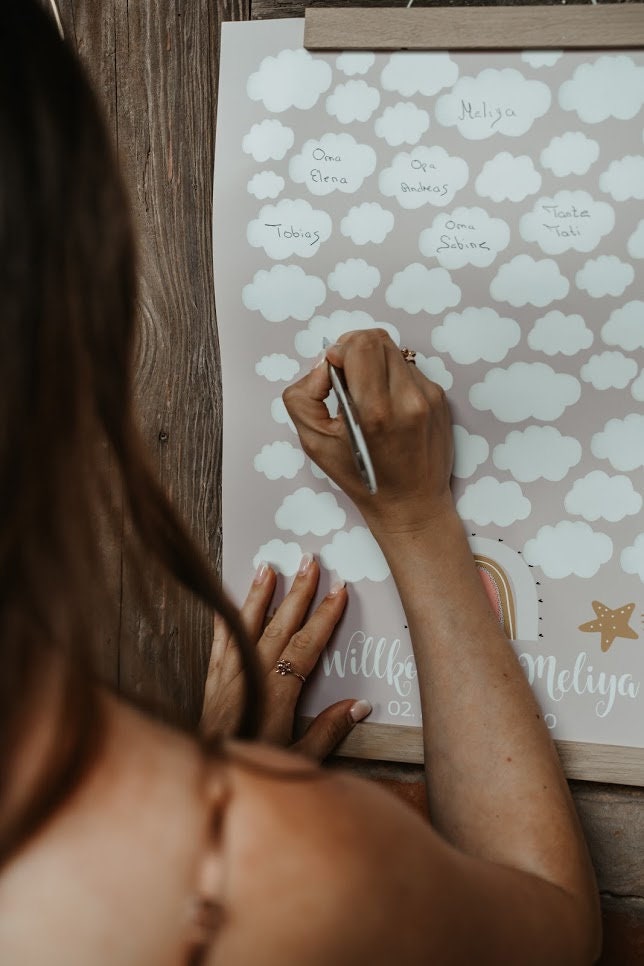 Personalisiertes Taufposter | Mit Namen Und Datum | Wolken Design DIN A4 | Geschenk Zur Taufe