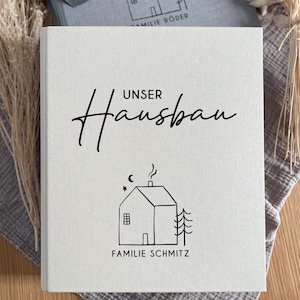 Eigenheim Hausbau zuhause  Ordner, Dokumentenmappe Hausbau personalisiert mit Familiennamen oder Adresse, Leinen, alles rund um den Hausbau