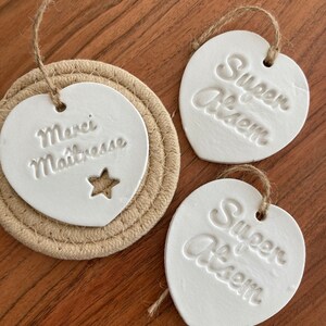 Hanging heart in self-drying polymer clay with the inscription Thank you Teacher or Super ATSEM, teacher gift, ATSEM gift