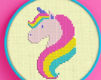 Puede incluir: Un aro de bordado de punto de cruz con un diseño de unicornio colorido. El unicornio es rosa, amarillo, azul y morado. El aro es azul turquesa.