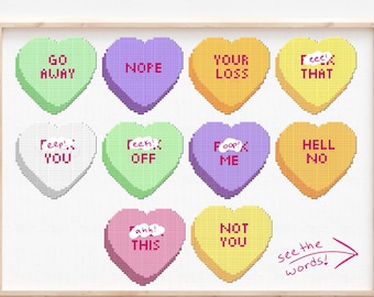 Patrón de punto de cruz de corazones de conversación traviesa - Punto de cruz anti San Valentín - Punto de cruz de corazón de conversación traviesa