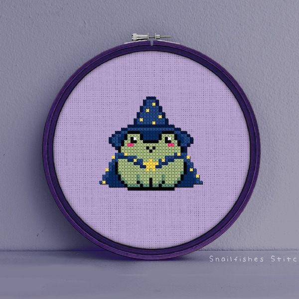 ウィザードフロッグクロスステッチパターン - ウィザードフロッグクロスステッチ - クロスステッチパターンウィザードフロッグ - カエルウィザードクロスステッチパターン - カエルPDF